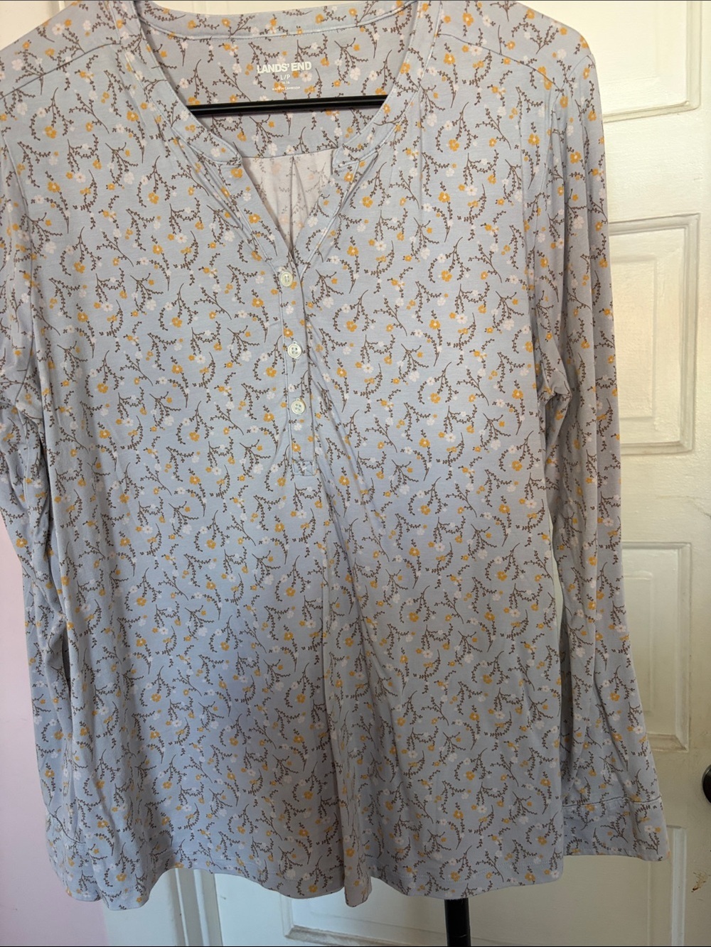 Lands' End Light Blue Long-Sleeve Henley with Yellow Floral Print